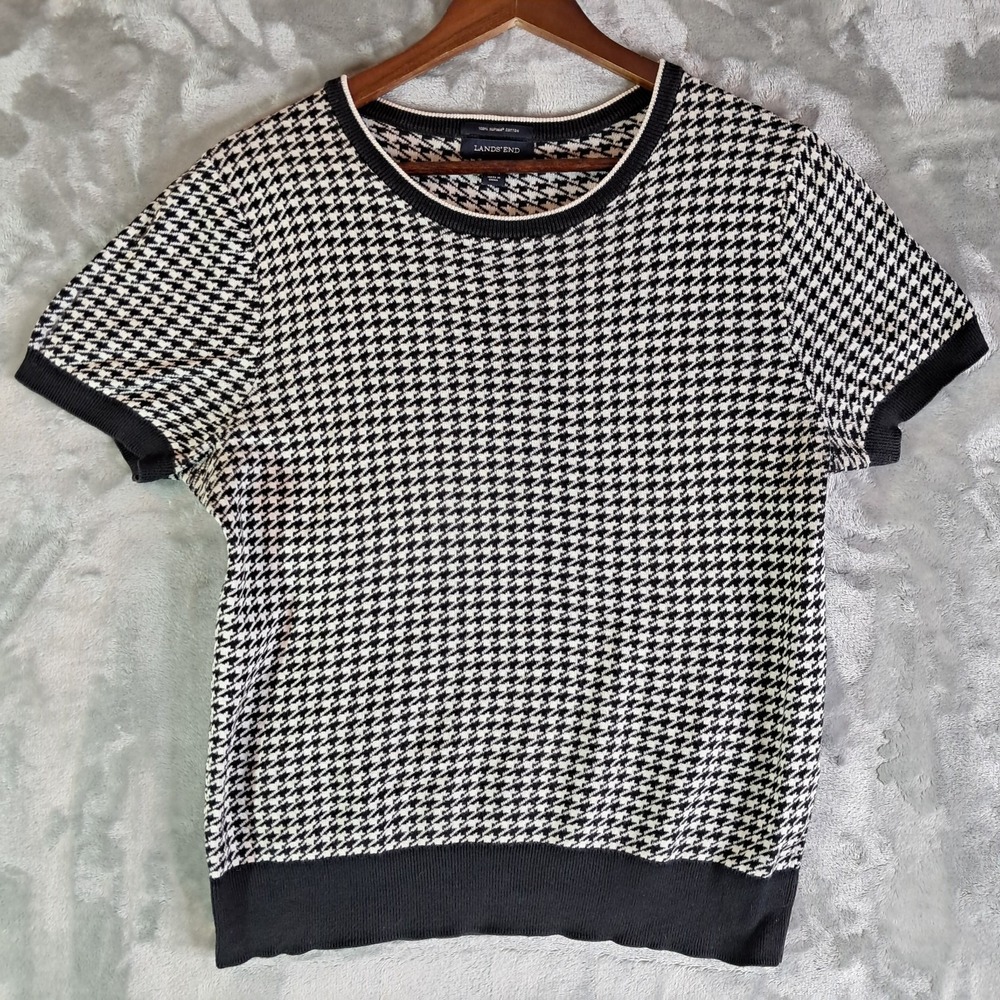 Lands End Sweater Womens M Black White Houndstooth Supima Cotton Short Sleeve